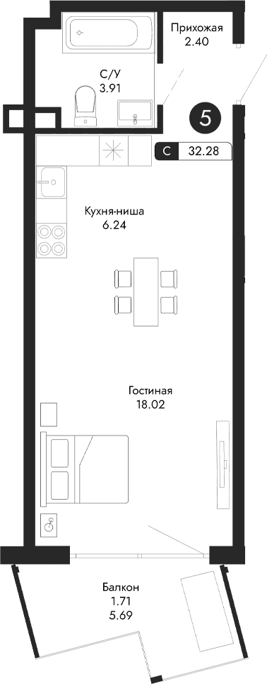 Студия, 30.57 м²
