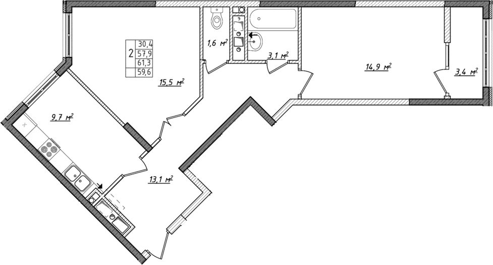 2-комн., 57.9 м²
