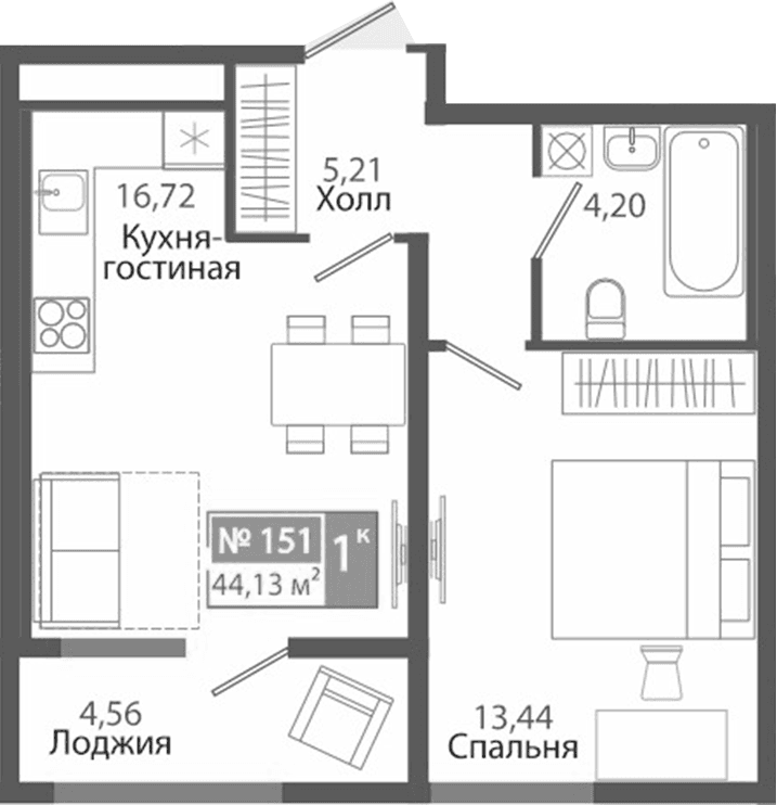 1-комн., 39.57 м²