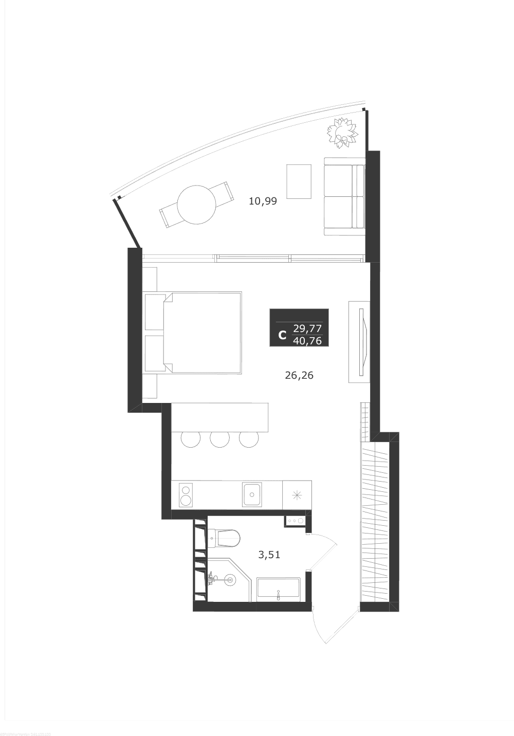 Студия, 29.77 м²