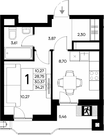 1-комн., 28.75 м²