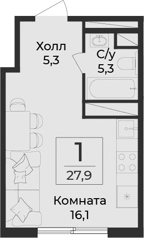 Студия, 27.9 м²