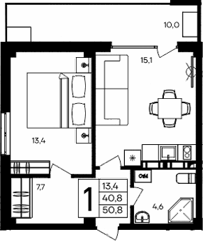 1-комн., 40.8 м²