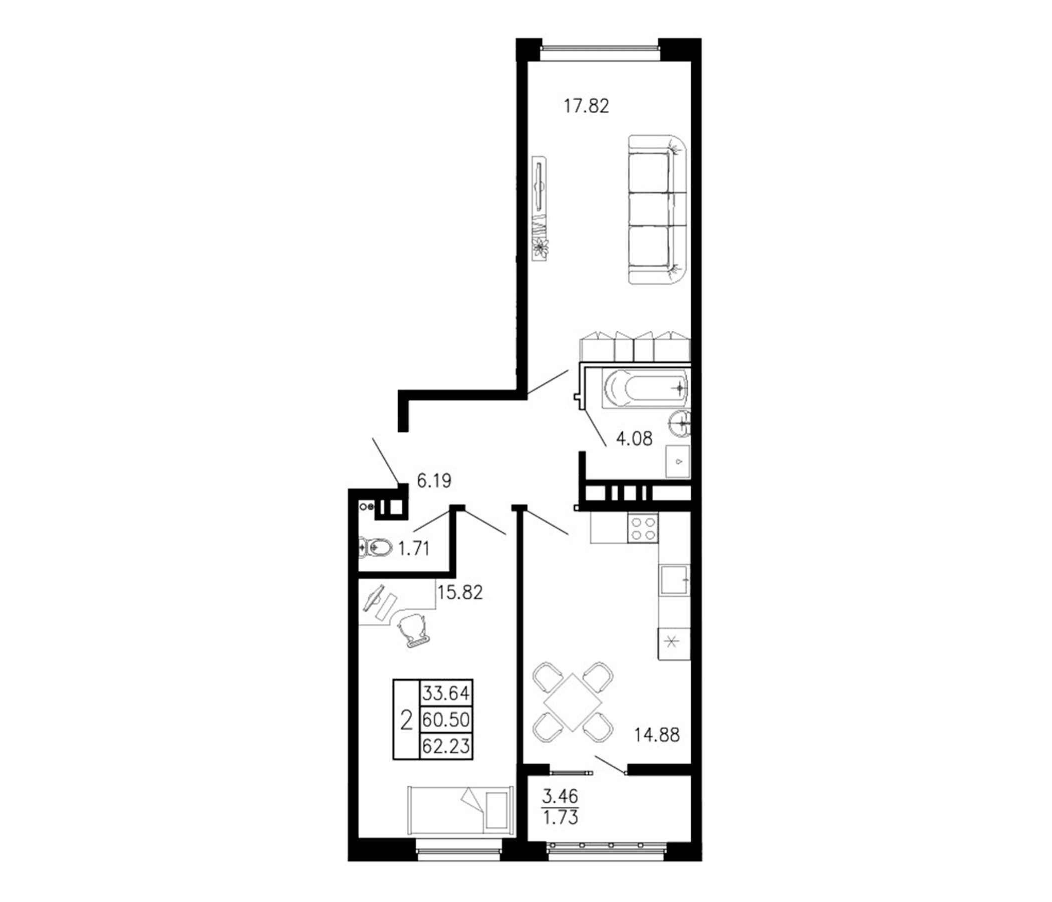 2-комн., 60.5 м²