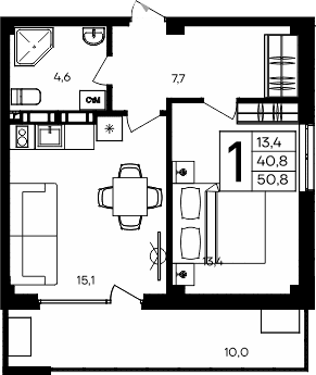 1-комн., 40.8 м²