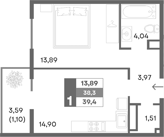 1-комн., 38.3 м²