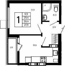 1-комн., 25.4 м²
