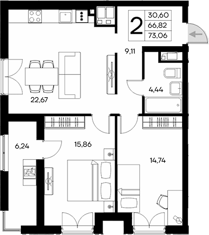 2-комн., 66.82 м²