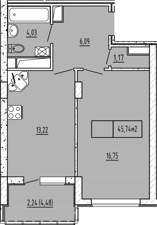 1-комн., 41.26 м²