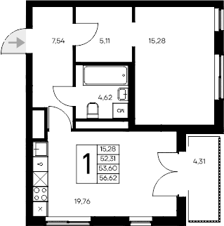 1-комн., 52.31 м²