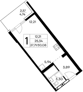 Студия, 27.71 м²