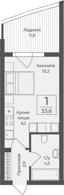 Студия, 25.7 м²