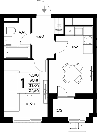 1-комн., 31.48 м²