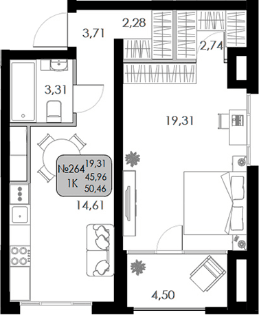 1-комн., 45.96 м²