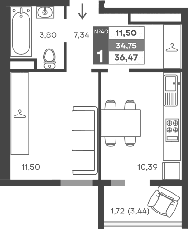 1-комн., 33.03 м²