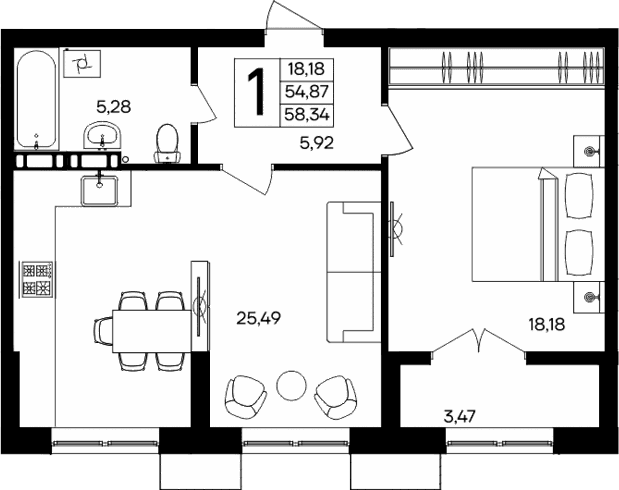 1-комн., 54.87 м²