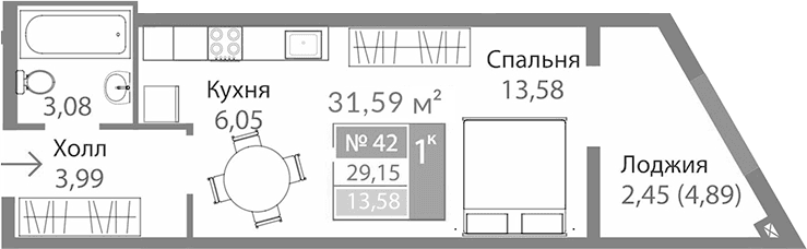 Студия, 26.7 м²
