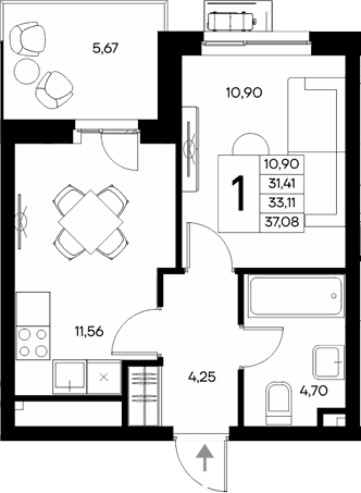 1-комн., 31.41 м²