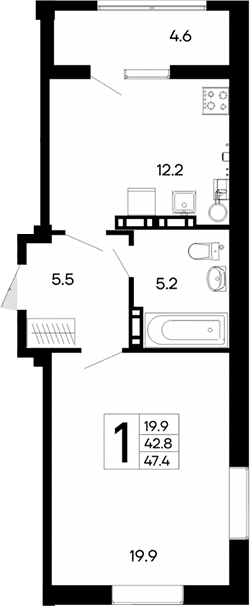 1-комн., 42.8 м²