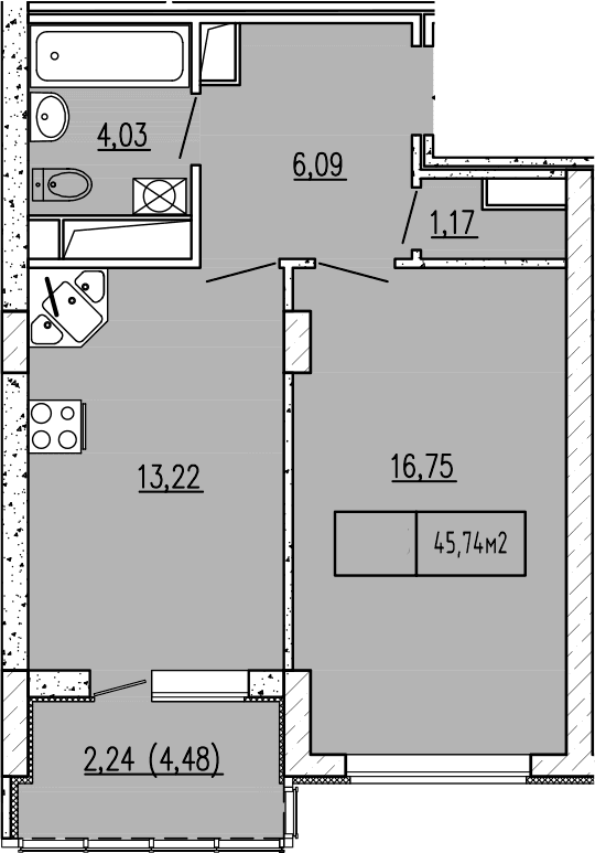 1-комн., 41.26 м²