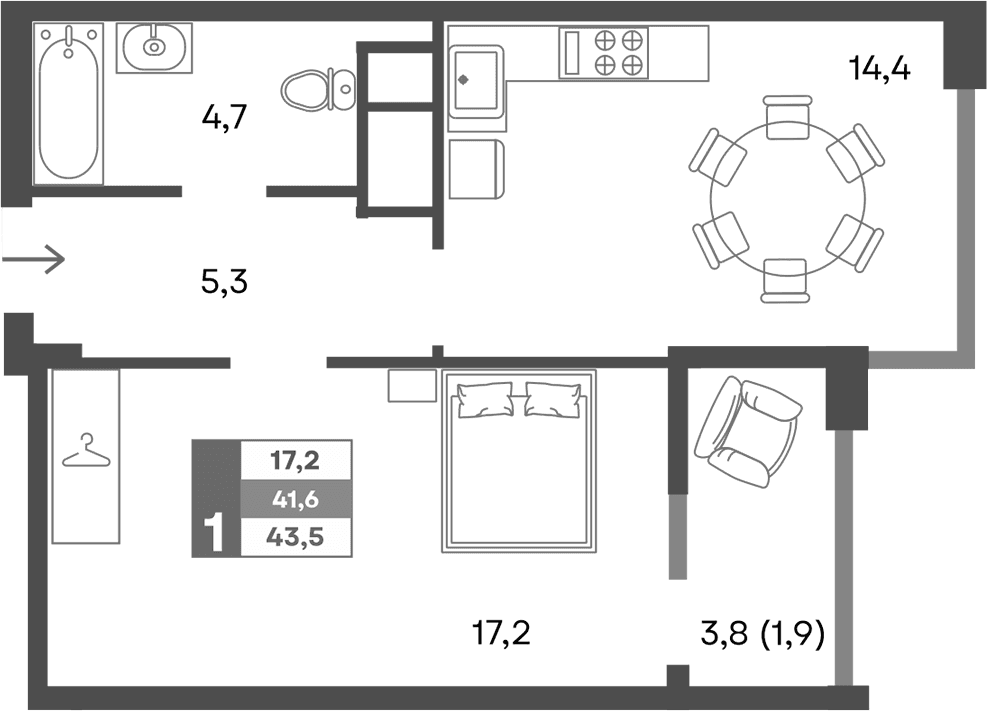 1-комн., 41.6 м²