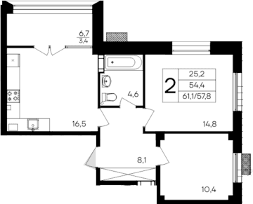 2-комн., 57.7 м²