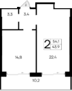 1-комн., 43.9 м²