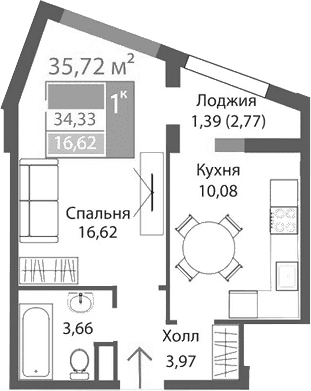 1-комн., 34.33 м²