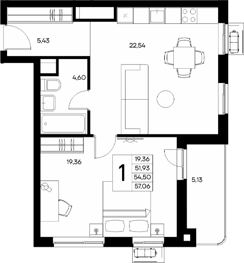 1-комн., 51.93 м²