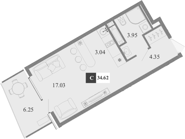 Студия, 28.37 м²