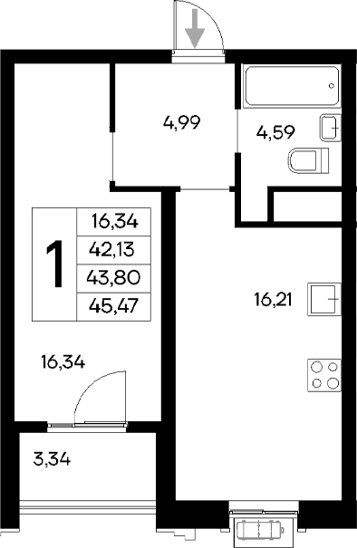 1-комн., 42.13 м²