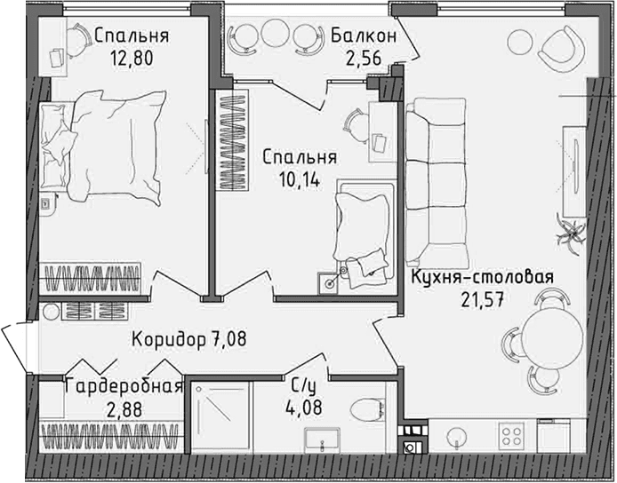 3-комн., 57.31 м²