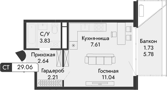 Студия, 27.33 м²