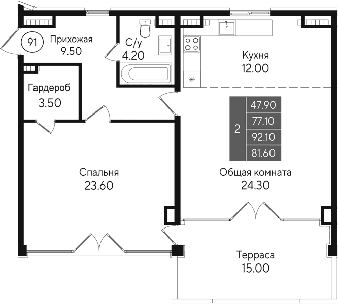 2-комн., 77.1 м²