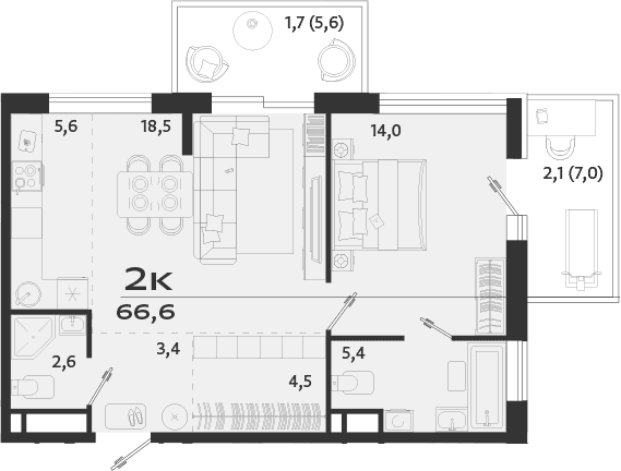 1-комн., 54 м²