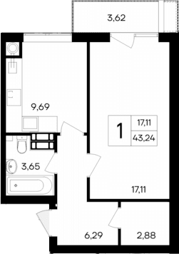 1-комн., 39.62 м²
