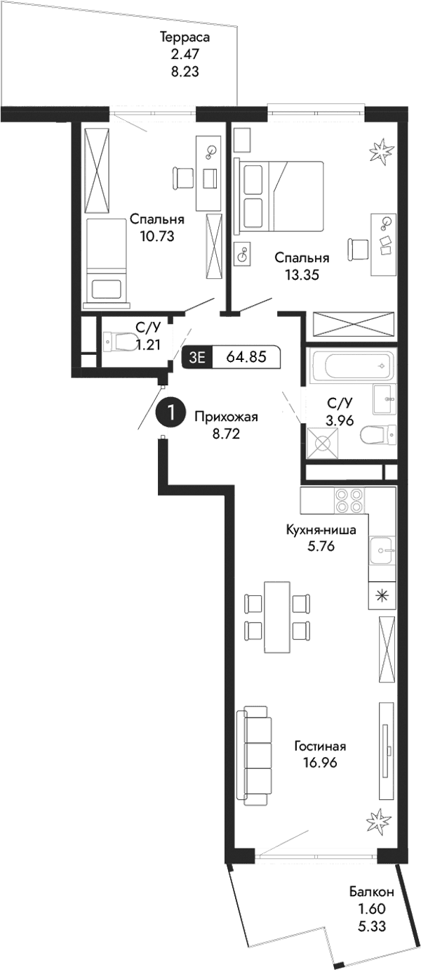 3-комн., 60.78 м²