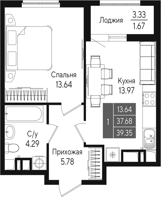 1-комн., 37.67 м²