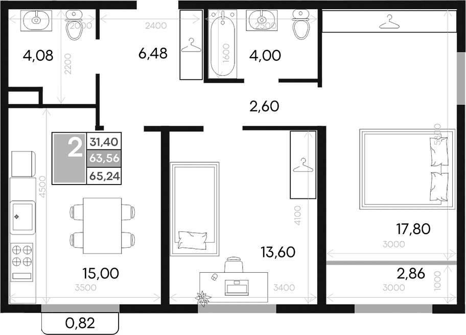2-комн., 63.56 м²
