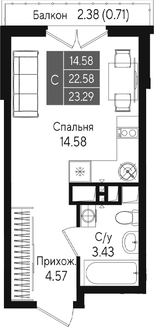 Студия, 22.58 м²