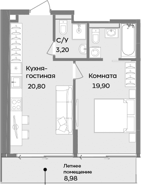 1-комн., 43.9 м²