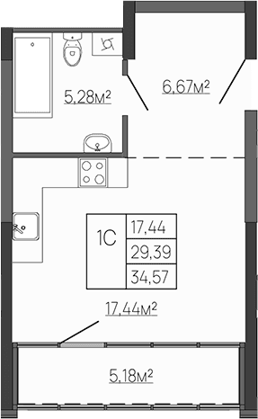 Студия, 29.39 м²