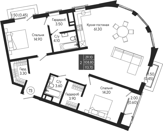 2-комн., 108.7 м²