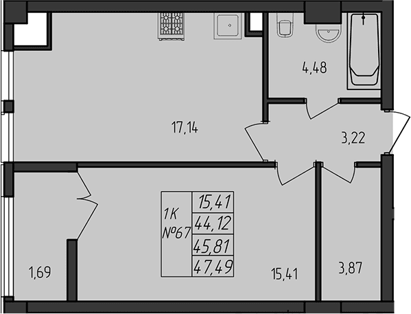 1-комн., 44.12 м²