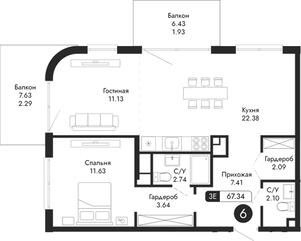2-комн., 63.12 м²
