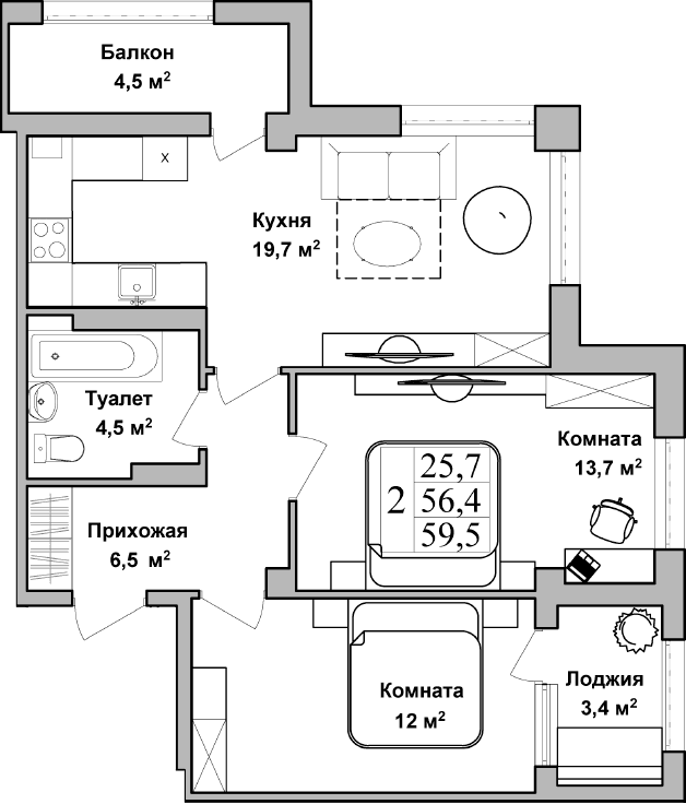 2-комн., 56.45 м²