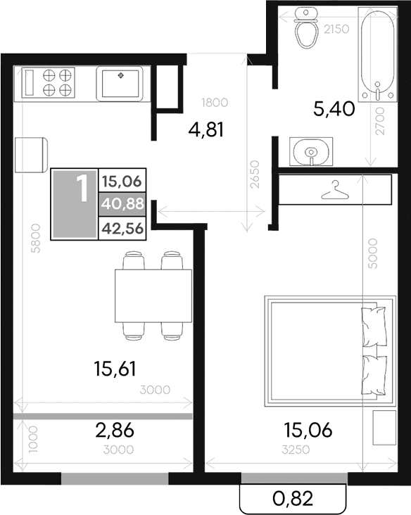 1-комн., 40.88 м²