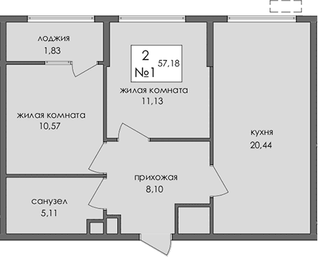 2-комн., 55.35 м²
