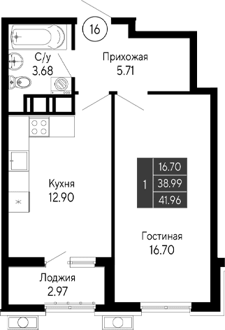 1-комн., 38.99 м²