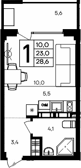 Студия, 23 м²